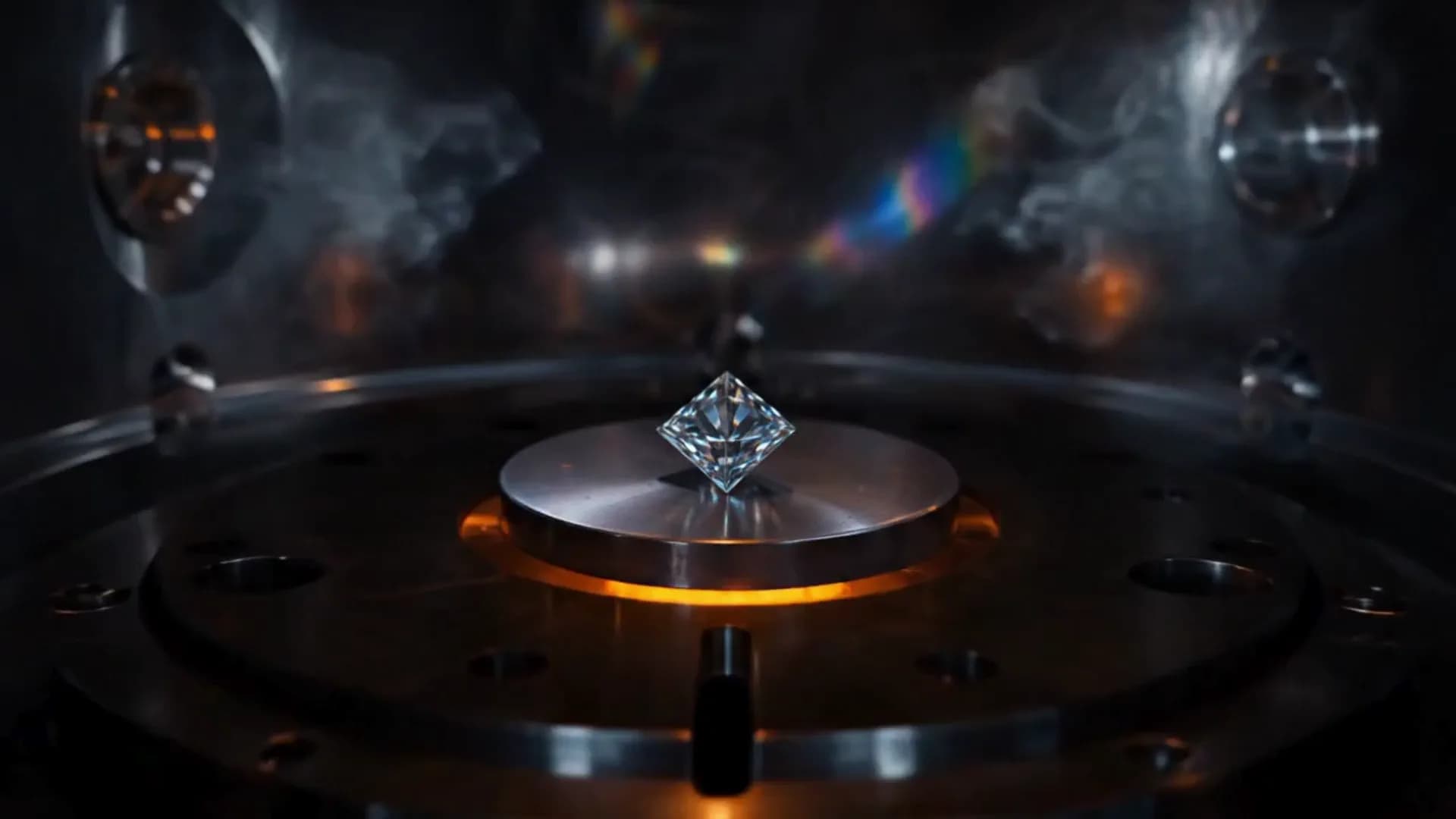 A diamond on a precision pedestal inside a sealed chamber