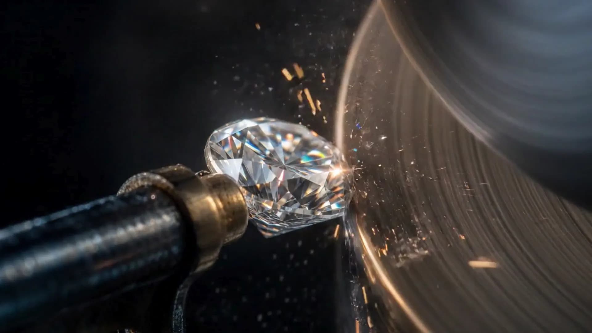 A diamond being polished against a spinning wheel